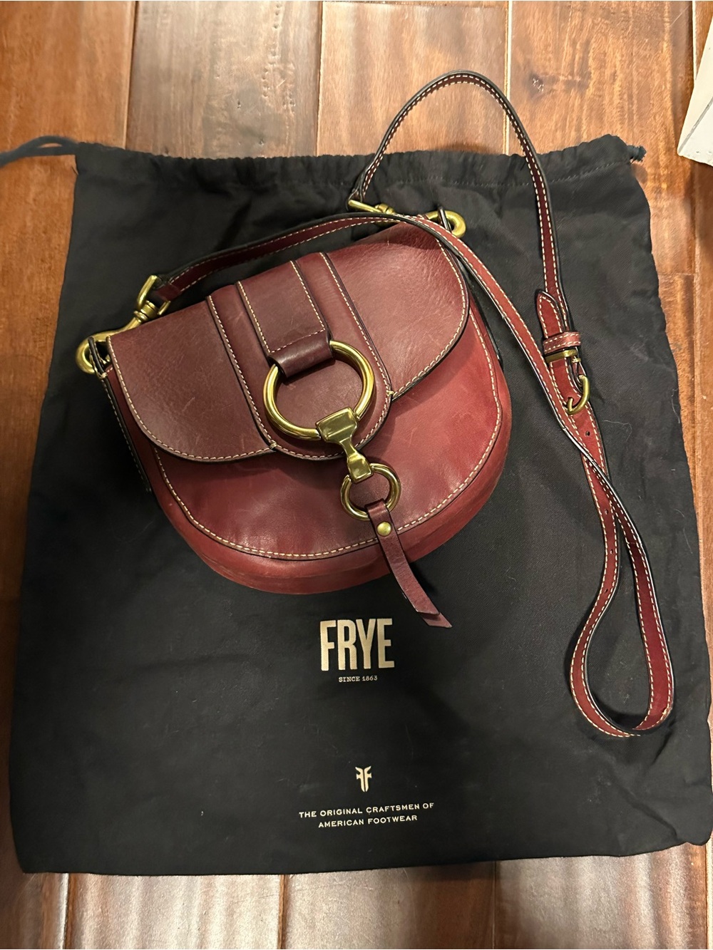 Frye Burgundy Leather Saddle Crossbody with Brass Ring Accent